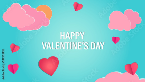 Valentine background with pink sky and heart shaped paper cut. Place for text. Valentine's day sale header or voucher template with heart © Partshort