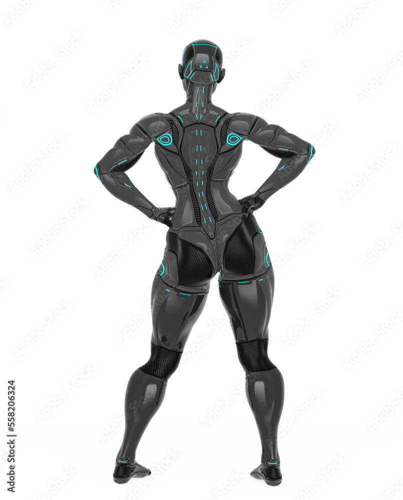 super cyborg girl is doing a super pose like a comic hero rear view super cyborg girl is doing a super pose like a comic hero rear view