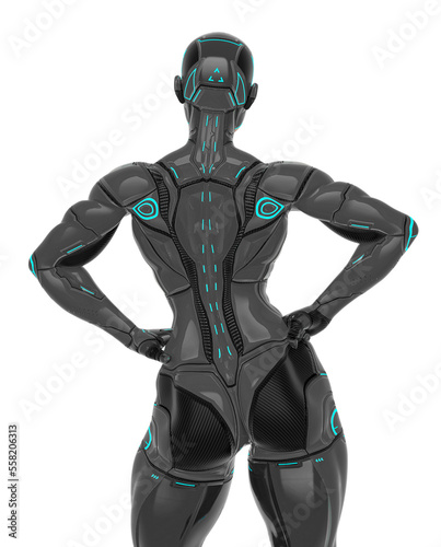 super cyborg girl is doing a super pose like a comic hero in close up rear view © DM7