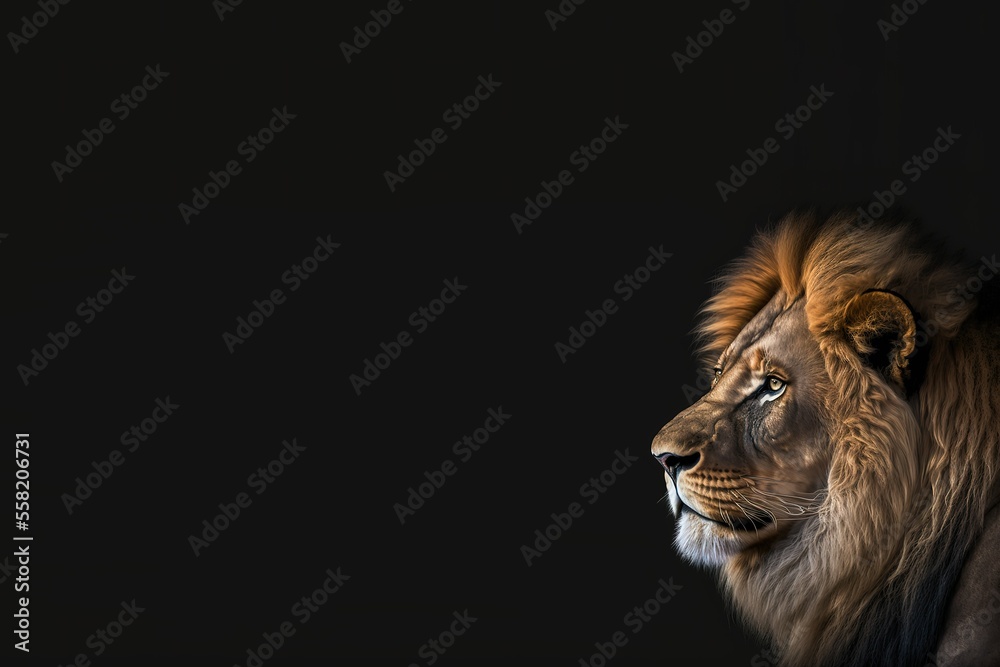 African Lion Look On Side In Bottom Right Corner Of Black Background Generative AI