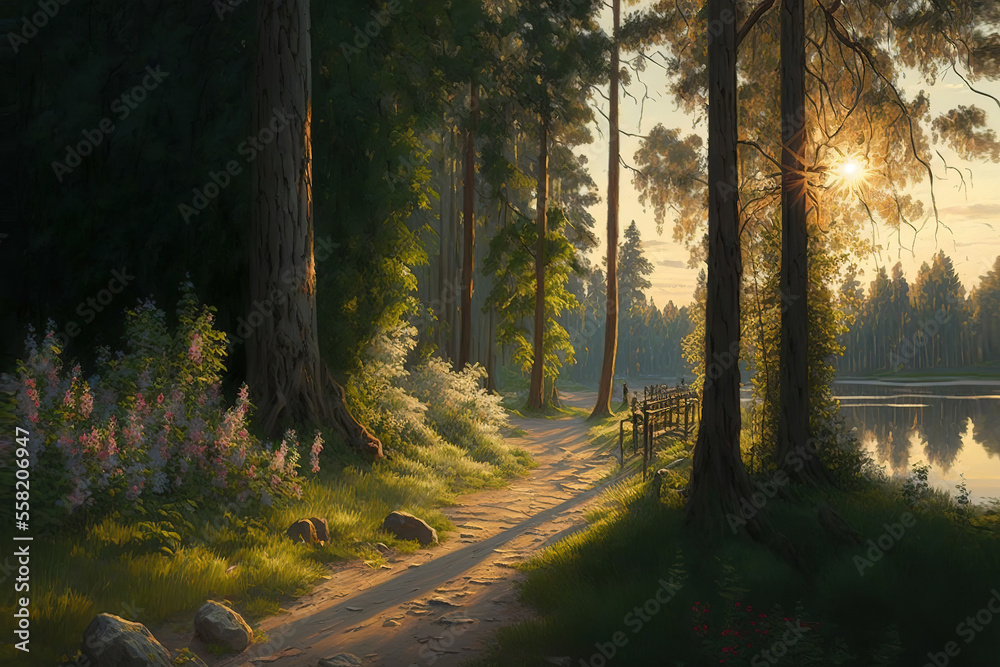 Fototapeta premium Sunlit path in a park before sunset , art illustration
