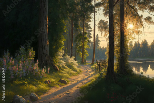 Sunlit path in a park before sunset , art illustration