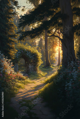 Sunlit path in a park before sunset , art illustration