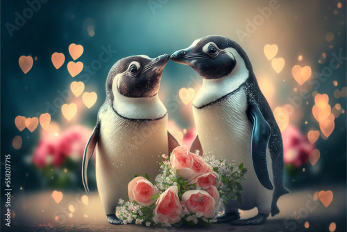 Zwei verliebte Pinguine mit Rosen zu Valentinstag photo
