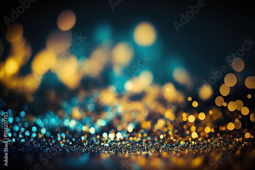 background of abstract glitter lights. blue, gold and black. defocused. banner