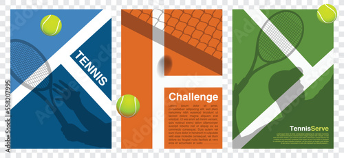 Tennis tournament Poster, Banner or Flayer - Players, Rackets and Ball on the line, net challenge - Simple retro competition - Sports championship - Vector Illustration Blue, Orange, Green floor 
