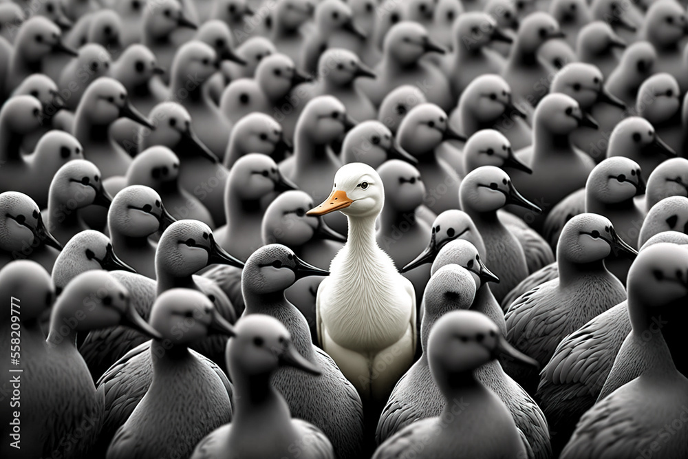 Obraz premium Standing out from the crowd, with white duck between many grey ones, Generative AI illustration