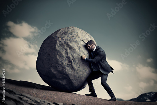 Sisyphus concept with businessperson pushing huge rock up the hill, Generative AI illustration