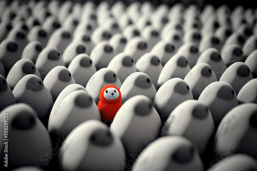 Standing out from the crowd, tiny red mascot between many gray ones, Generative AI illustration
