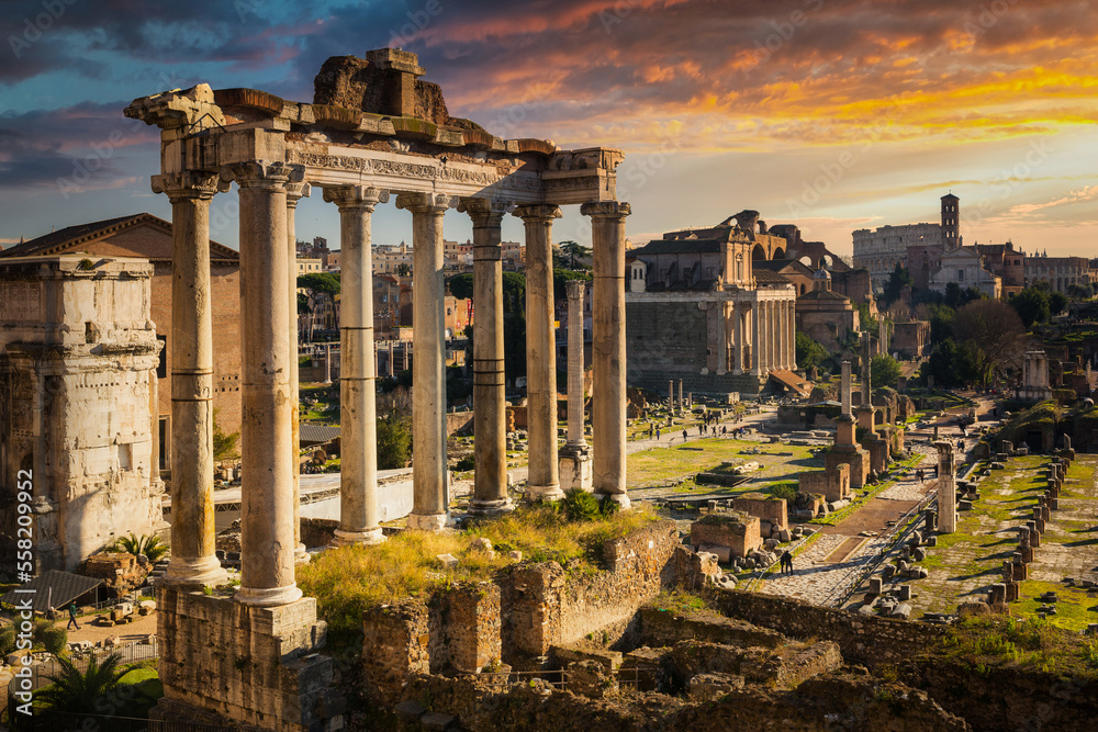 Beautiful scenery of the Roman Forum at sunset, Rome. Italy