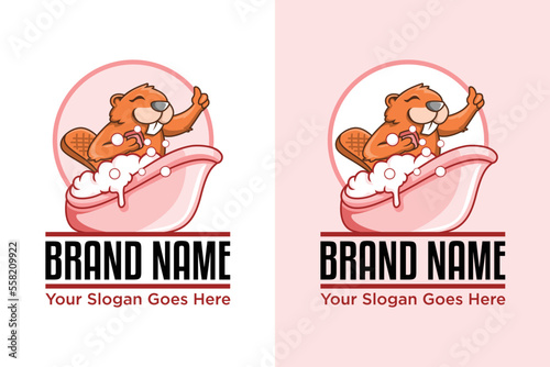 Cartoon beaver in bathtub witth bubbles illustration logo