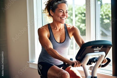 Digital illustration of a smiling happy healthy fit middle age active woman with long grey hair practising indoors sport alone at home on an exercise bike made with Generative AI and digital painting