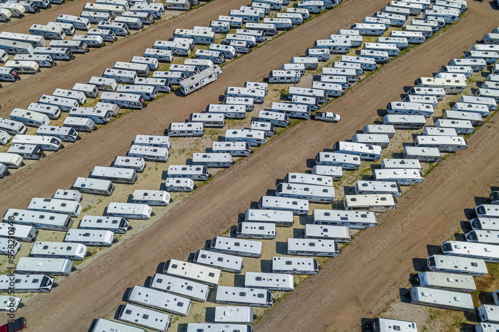Obraz premium Aerial View of Large RV Storage Lot - Camper Trailers - Manufacturing