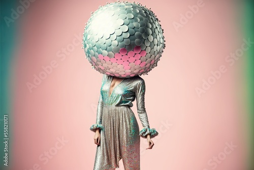 Hipster fashioned woman with discoball head. Generative AI photo