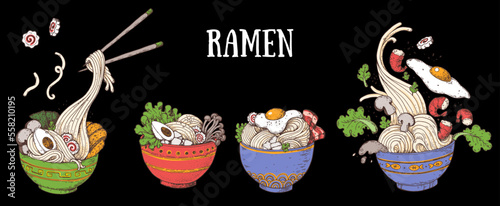Bowl noodles and chopsticks. Noodle bowl collection. Ramen logo. Asian food. Chinese, Korean, Japanese cuisine. Logo template. Hand drawn vector illustration.
