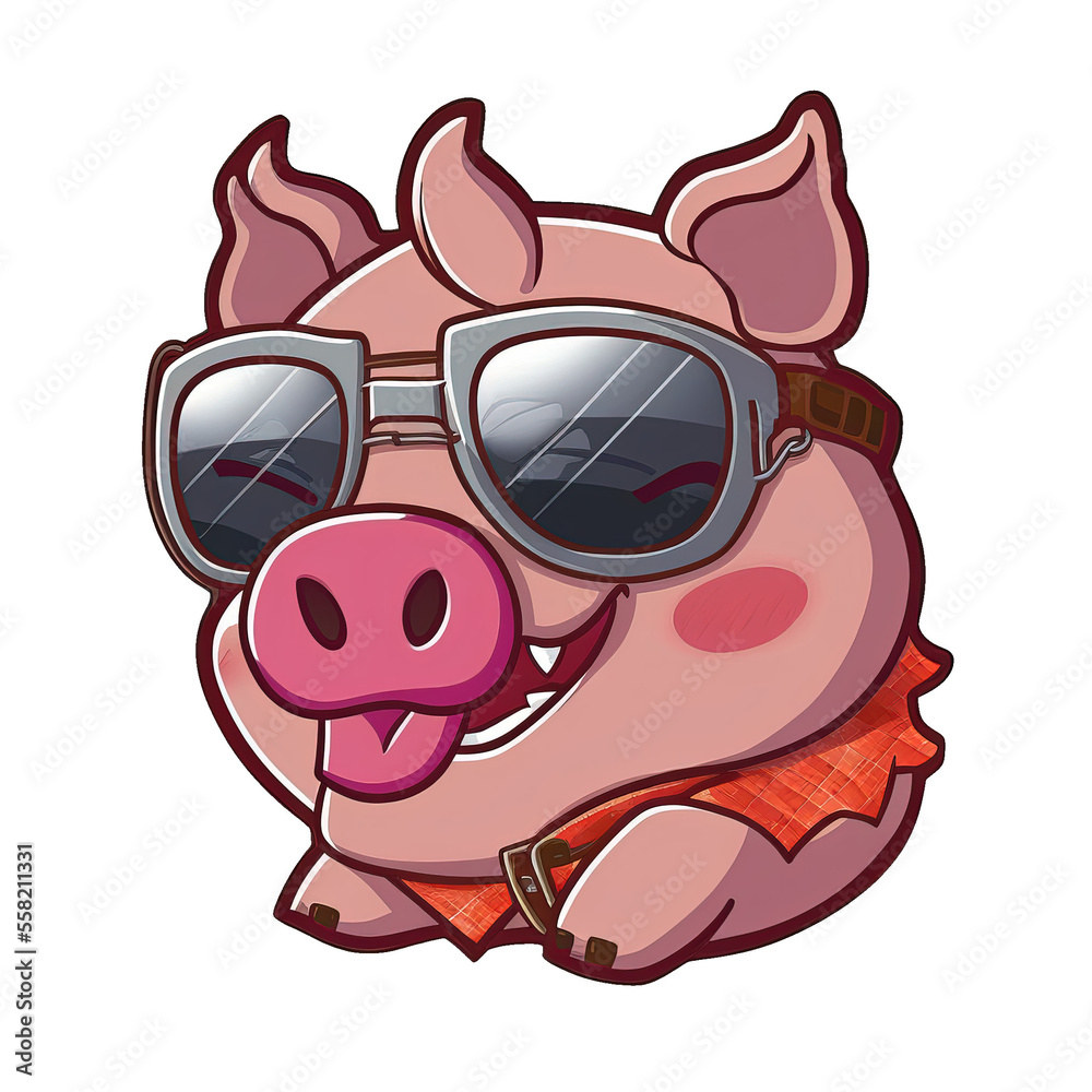 Cartoon Pig wearing sunglasses isolated on transparent background, 
