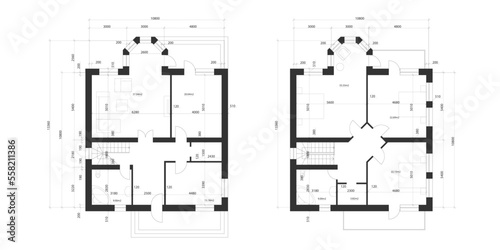 Architectural plan of a two-storey manor house with a terrace. The layout of an individual two-storey house with three bedrooms, kitchen, living room, two bathrooms, dressing rooms and pantries.
