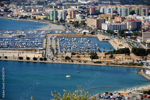View towards the Rock of Gibraltar from Mid Harbour small boats marine, 2020