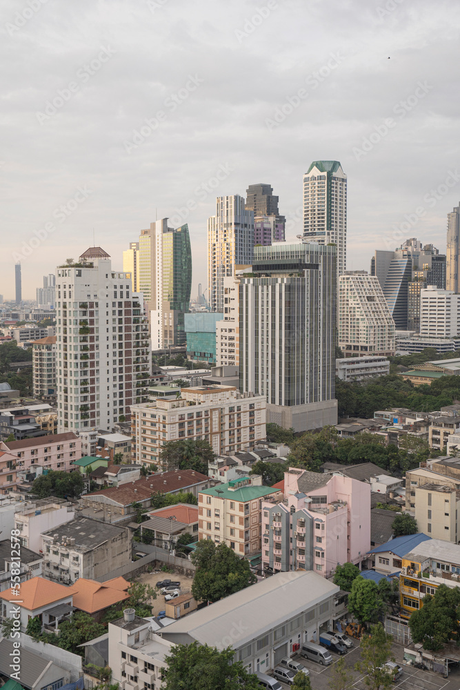 Aerial View Of Bangkok Skyline, Colorful Skyscrapers Building