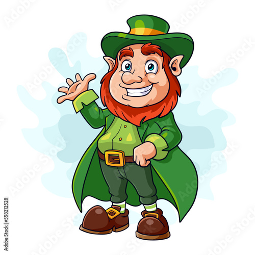Cartoon leprechaun waving on white background
