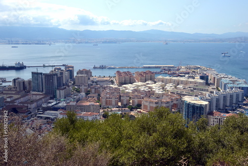 View towards the Rock of Gibraltar from Mid Harbour small boats marine, 2020