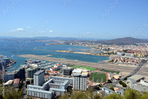 View towards the Rock of Gibraltar from Mid Harbour small boats marine, 2020