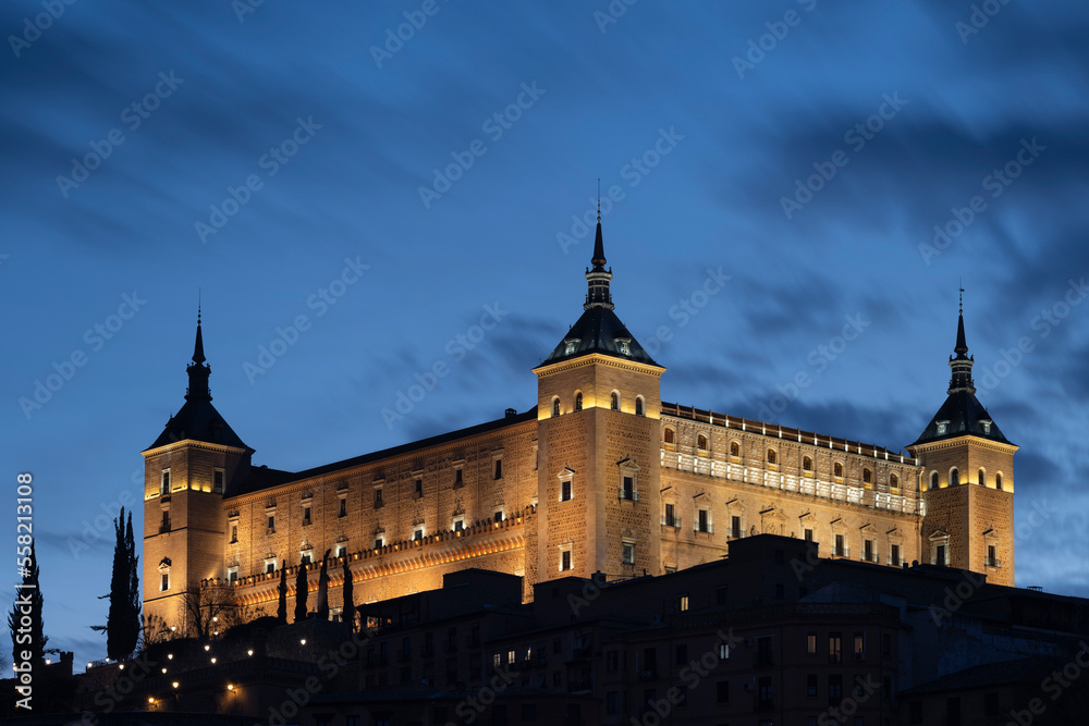 Alcazar de Toledo rises into evening twilight, Toledo, Spain Alcazar de Toledo rises into evening twilight, Toledo, Spain