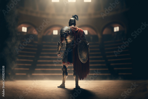 Obraz na płótnie Gladiator enters the arena, warrior in armor, ai generated