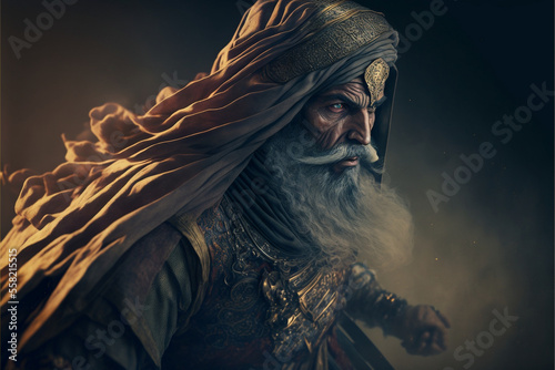 old Persian warrior in medieval armor, king with beard, ai generated