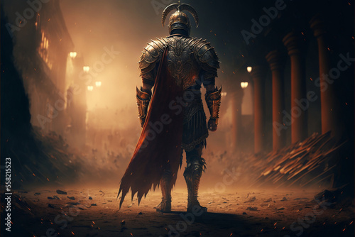 Roman legionnaire stands with his back, gladiator in armor, devastation, antiquity, ai generated photo