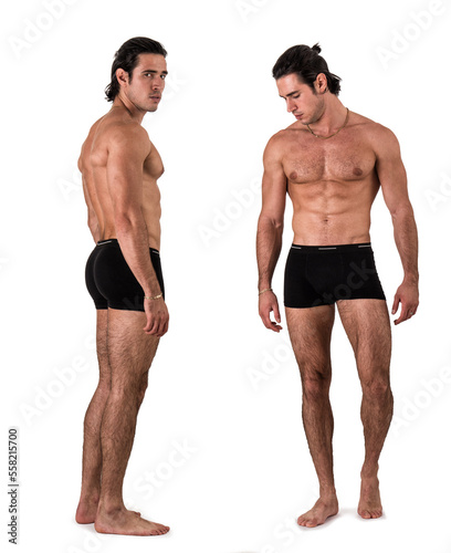 Two views of muscular shirtless man: front and profile shot,