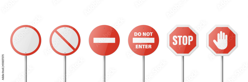 Vector White and Red Glossy Prohibition Stop Signs - Warning, Danger Sign Frame Icon Set Isolated. Dangerous Plates Collection. Design Template of Road Sign Vector White and Red Glossy Prohibition Stop Signs - Warning, Danger Sign Frame Icon Set Isolated. Dangerous Plates Collection. Design Template of Road Sign