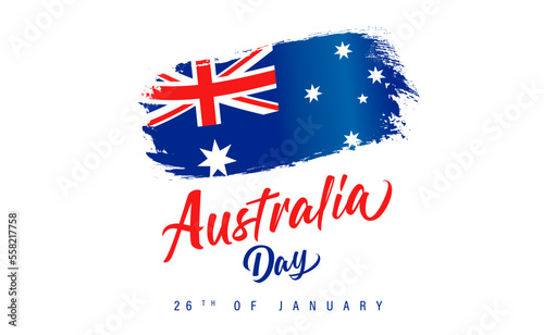 Happy Australia Day lettering and grunge flag. Patriotic country flag and text isolated on white background for Australia Day, 26th of January. Vector Illustration