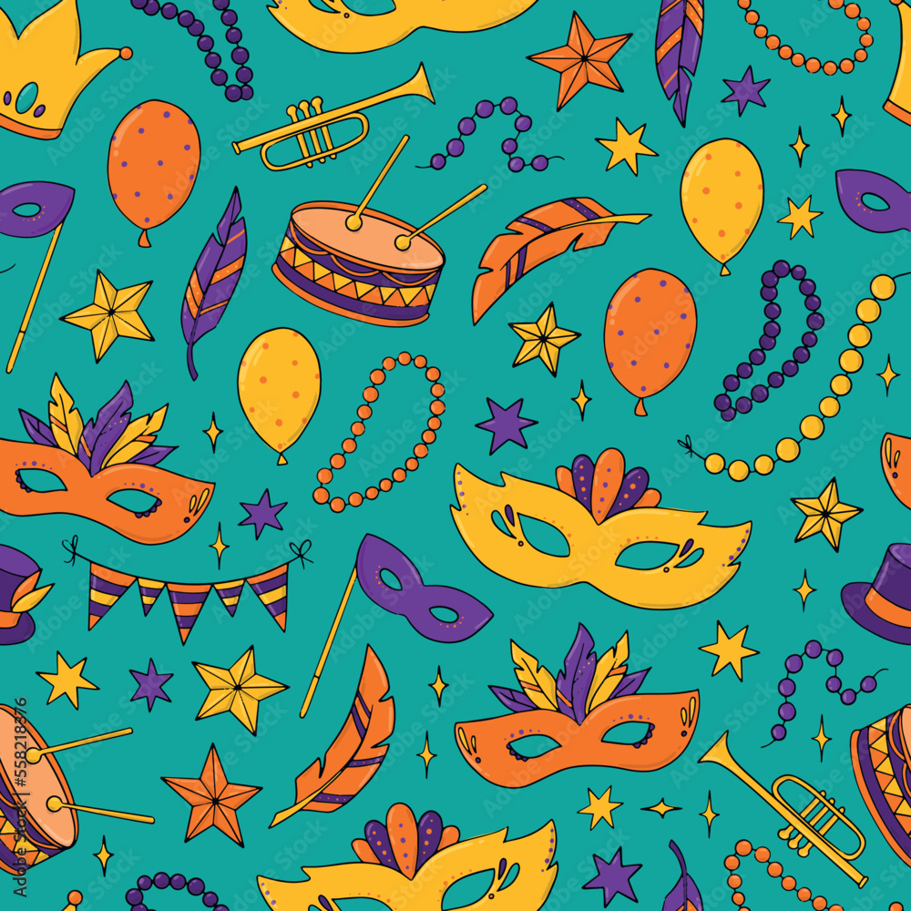 Mardi Gras and carnaval seamless pattern with doodles for prints, wrapping paper, scrapbooking, stationary, wallpaper, textile, etc. EPS 10
