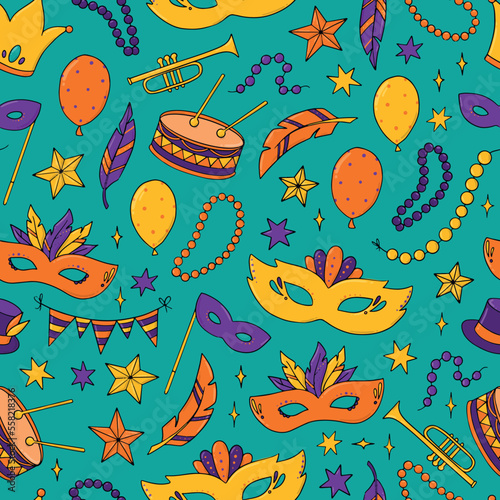 Mardi Gras and carnaval seamless pattern with doodles for prints  wrapping paper  scrapbooking  stationary  wallpaper  textile  etc. EPS 10