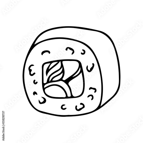 Sushi with seafood or fish. Makizushi or Futumaki. Asian cuisine. Vector illustration isolated on white background