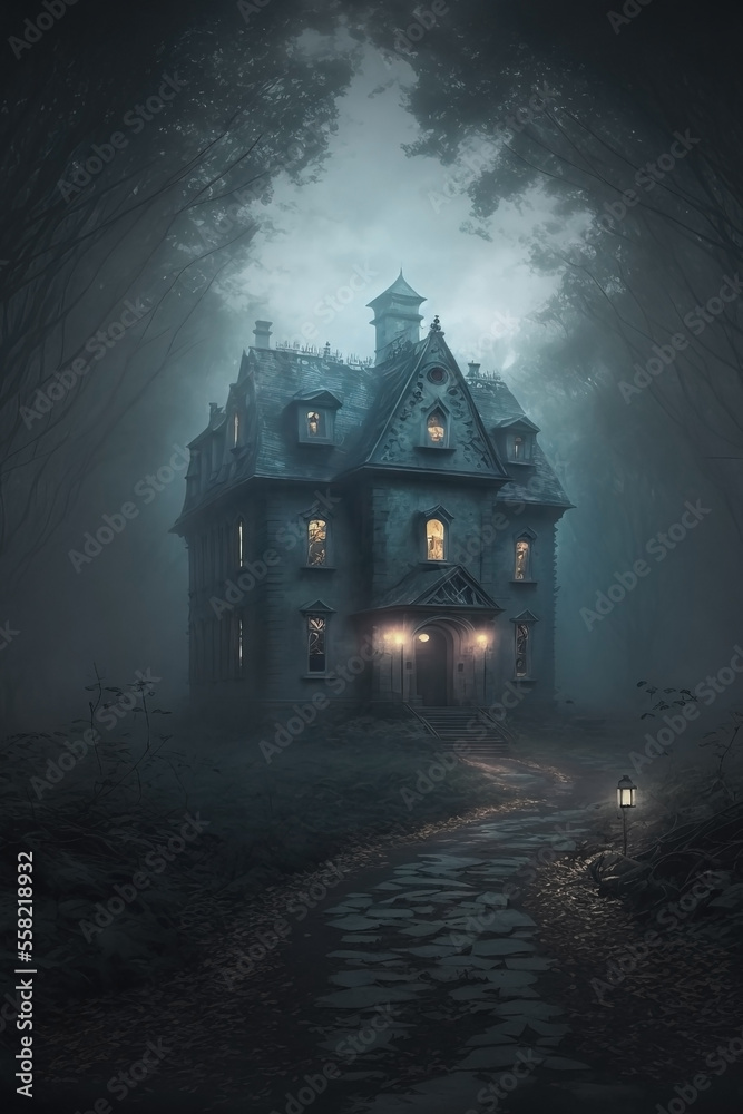 Haunted Victorian Mansion with a Small Stone Path. Horror abandoned ghost mansion concept art. Misty and foggy.