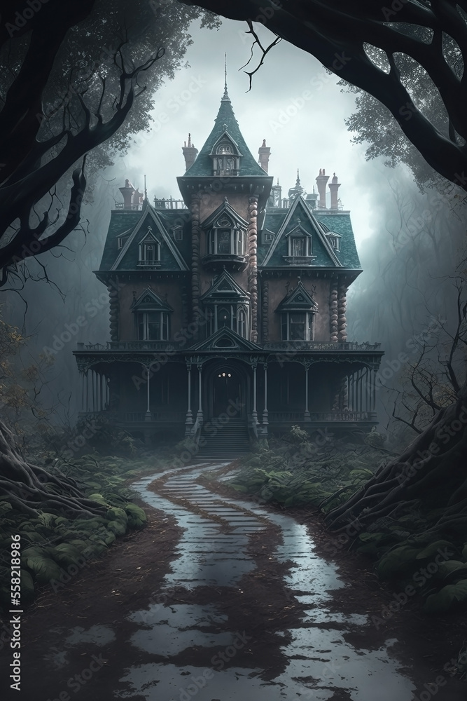 Haunted Victorian Mansion with a Small Stone Path. Horror abandoned