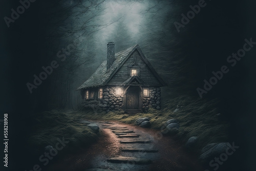 Small path leading to a dark stone cabin with wood roof. Haunted forest. Ghost woods. Misty and foggy landscape.