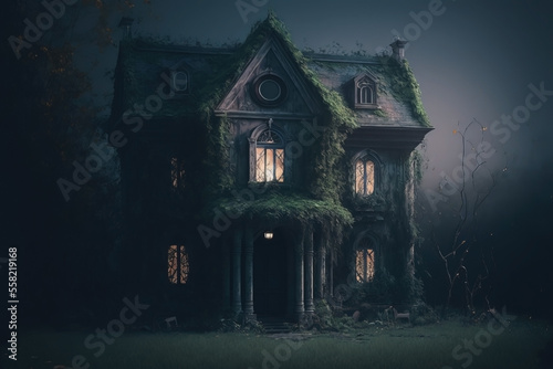 Abandoned Mansion with a Foggy Foreground and Stormy Sky