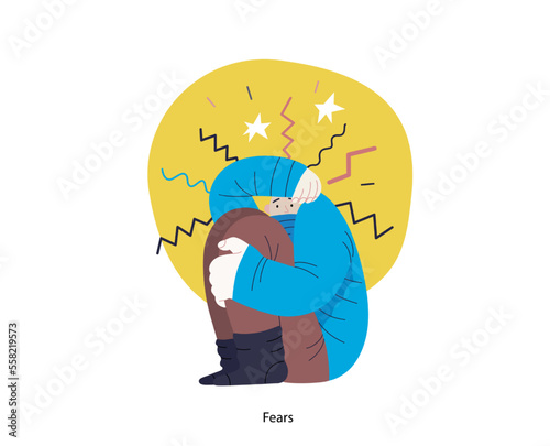Mental disorders illustration. Fears- modern flat vector illustration of woman dreading nervous, bracing herself meeting with stress experience. People emotional, psychological, mental traumas concept