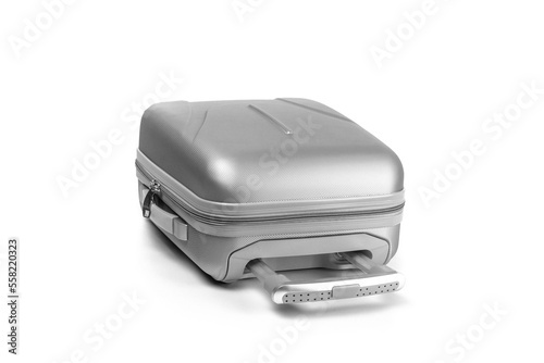 Travel suitcase isolated. Silver plastic luggage or vacation bag