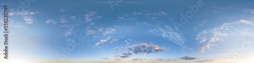 blue sky with evening clouds as seamless hdri 360 panorama with zenith in spherical equirectangular projection may use for sky dome replacement in 3d graphics or game development and edit drone shot
