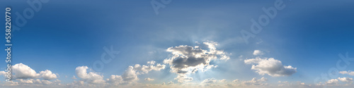 blue sky with cumulus clouds as seamless hdri 360 panorama with zenith in spherical equirectangular projection may use for sky dome replacement in 3d graphics or game development and edit drone shot