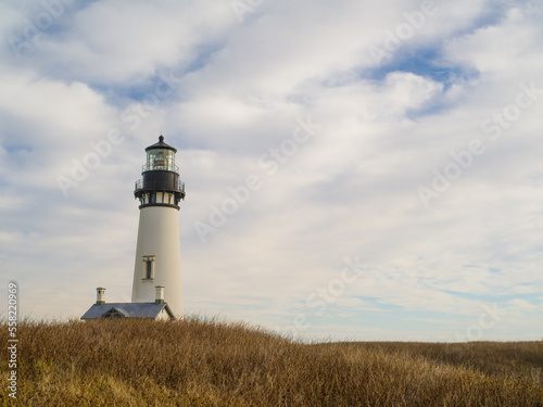 Majestic lighthouse under a cloudy sky. Around yellow withered grass. Romance, tourism, travel, excursions, solitude. Advertising, banner, postcard.