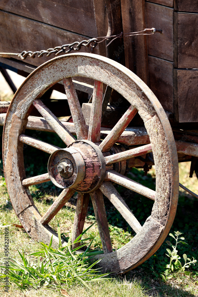 Old wagon closeup of animal traction formerly used to transport wine barrels in German colonies in southern Brazil
