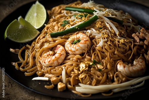 illustration of close up traditional Thai cuisine dish, Pad Thai 