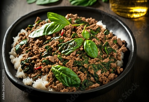  illustration of close up traditional Thai cuisine dish, Pad Kra Pao, stir-fried basil with minced meat