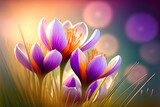 Purple Crocus, spring flower. Macro. Generated AI