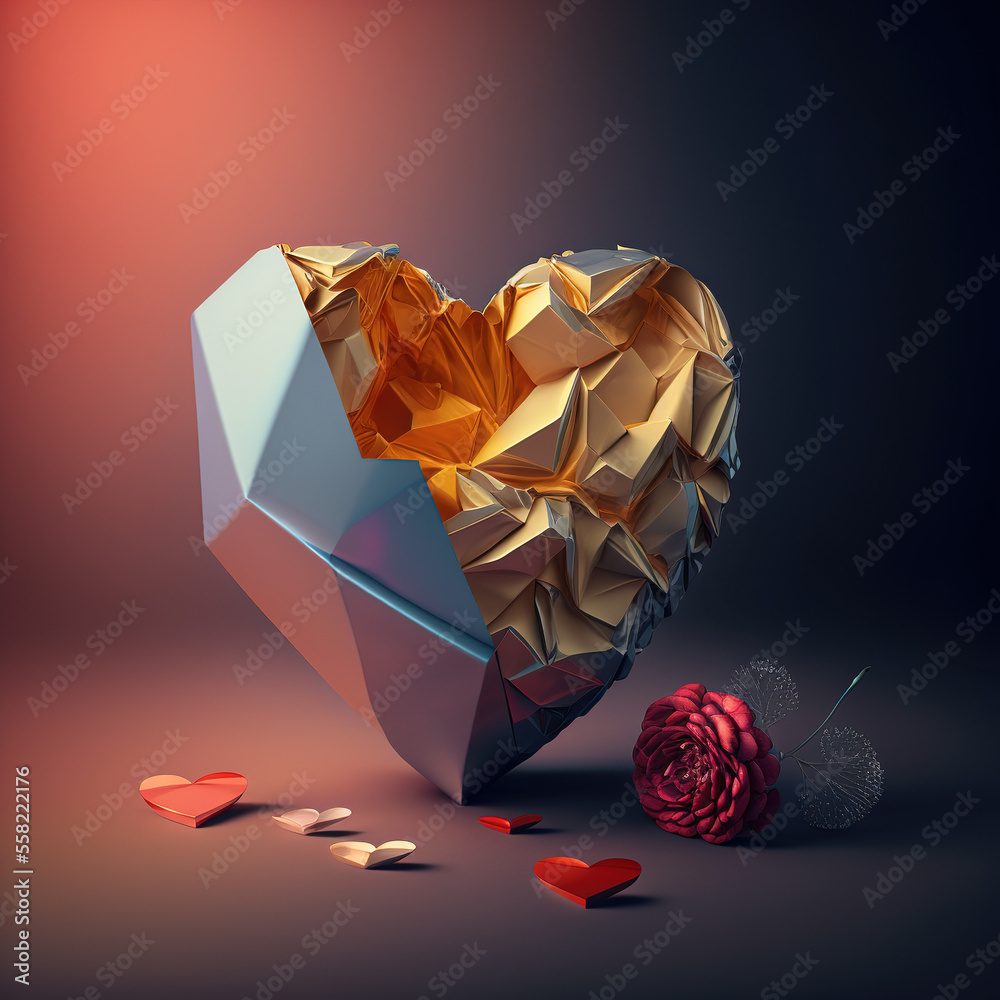3D Golden heart. Generative ai - obrazy, fototapety, plakaty 